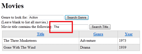 Movies page listing after searching for 'The' in the title