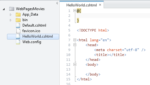 The new HelloWorld page in the WebMatrix editor
