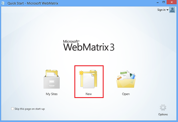 WebMatrix startup screen