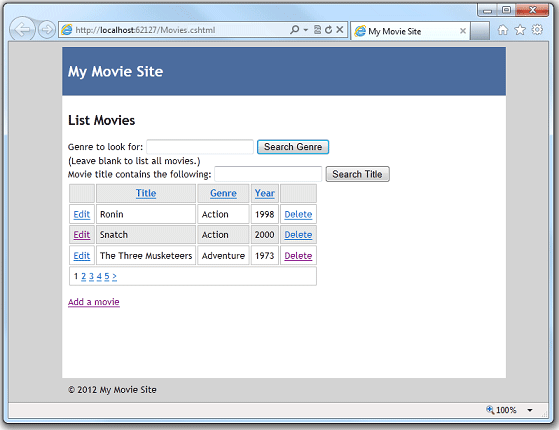 Movies page rendered using a layout