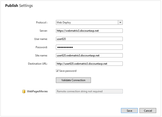 Publish settings filled in in the 'Publish Settings' dialog box