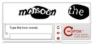 Screenshot of the Captcha test generated by the ReCaptcha service, showing two distorted words and a text field for user verification.