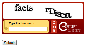 Screenshot of the Recaptcha dot c s h t m l browser page, showing the created captcha and Submit buttons.