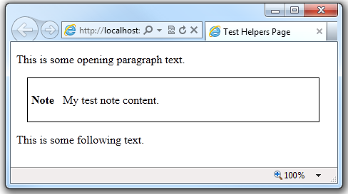 Screenshot showing the page in the browser and how the helper generated markup that puts a box around the specified text.