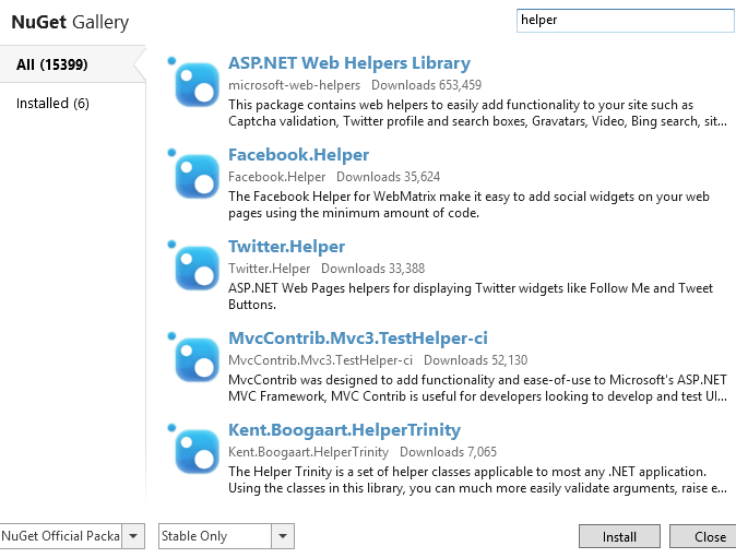 Screenshot shows the NuGet Gallery dialog box in WebMatrix.