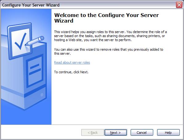 Screenshot of the Windows configure your server wizard. The next button is highlighted.
