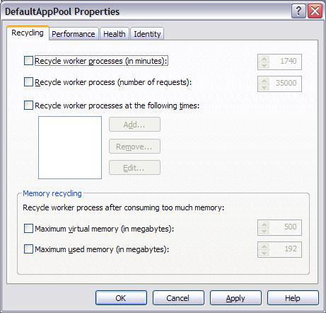 Screenshot of the Windows IIS DefaultAppPool Properties screen with the option Recycle worker processes (in minutes) unchecked.