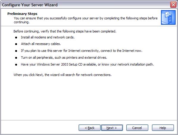 Screenshot of the Windows preliminary steps screen of the configure your server wizard. The next button is highlighted.