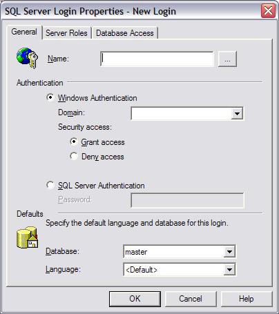 A screenshot of the Windows SQL Enterprise Manager SQL Server Login Properties screen with the General tab selected.