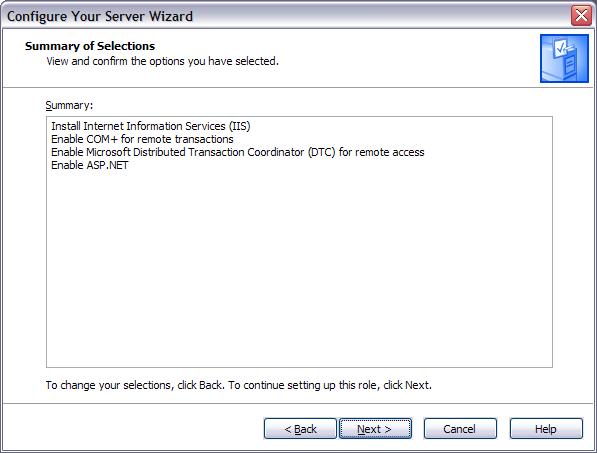 Screenshot of the Windows configure your server wizard screen titled summary of selections. The next button is highlighted.