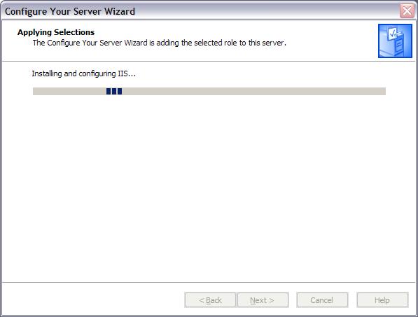 Screenshot of the configure your server wizard screen. The applying selections status bar displays.