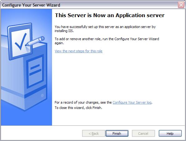 Screenshot of the  Windows configure your server wizard success screen. The finish button is highlighted.