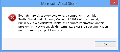 Screenshot that shows the Microsoft Visual Studio dialog box with an error message.