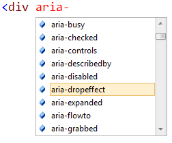 Screenshot that shows the aria attributes. Aria drop effect is selected in the attribute list.
