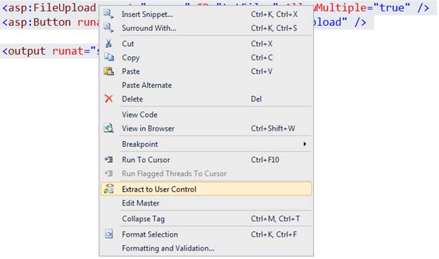 Screenshot that shows Extract to User Control selected in the context menu.