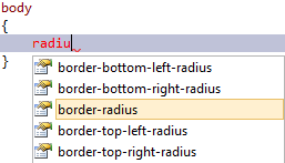 Screenshot that shows border-radius selected in an IntelliSense list for C S S when radiu is typed.