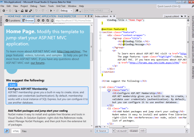 Screenshot that shows Visual Studio code. The right pane has the source code and the left pane renders the web page.