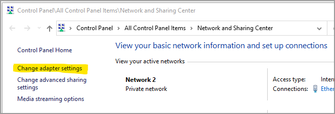 Screenshot of the Network Sharing Center.