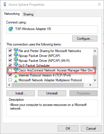 TAP-Windows adapter properties showing Cisco AnyConnect item unselected