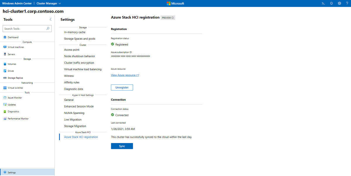 Screenshot that shows selections for getting Azure Stack H C I registration information.