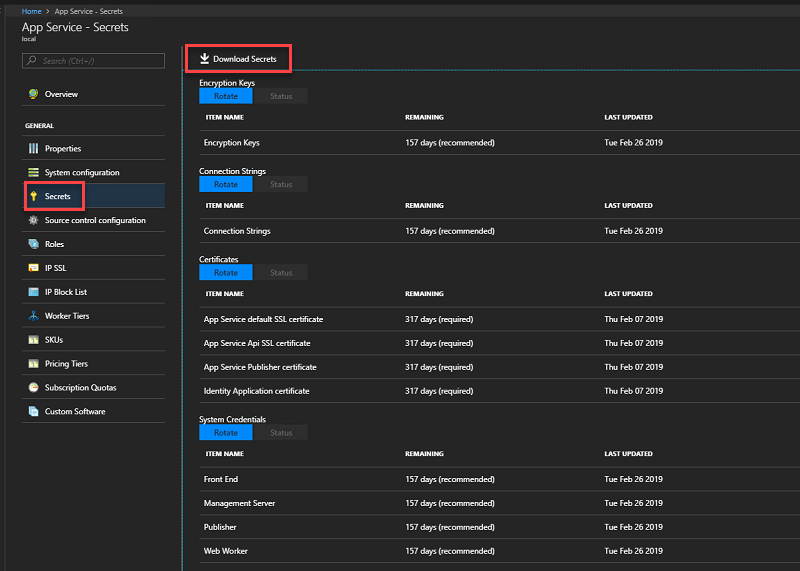 Screenshot that shows how to download secrets in Azure Stack Hub administrator portal.