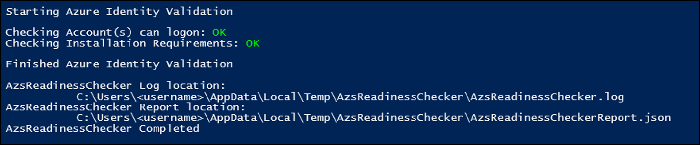 run-validation results for Azure Stack Hub Readiness Checker