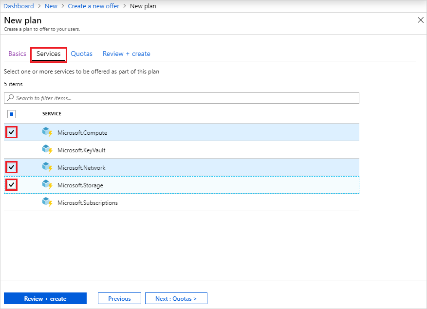 Screenshot that shows plan services in Azure Stack Hub administration portal.