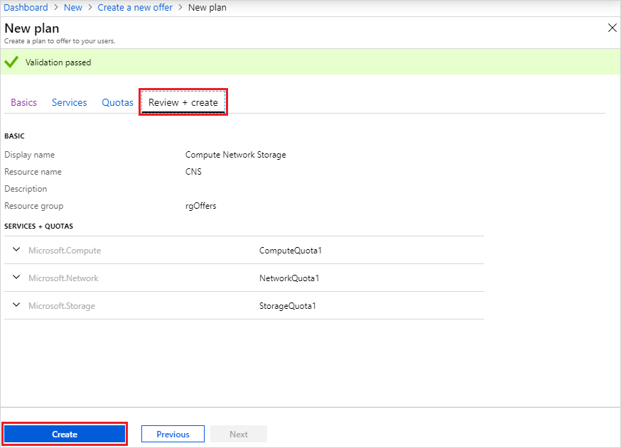 Create new plan in Azure Stack Hub administration portal