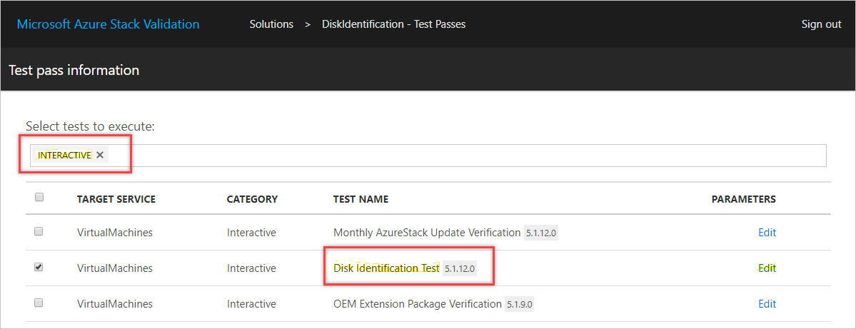 Screenshot that shows Disk Identification Test—Interactive testing in Azure Stack Hub.