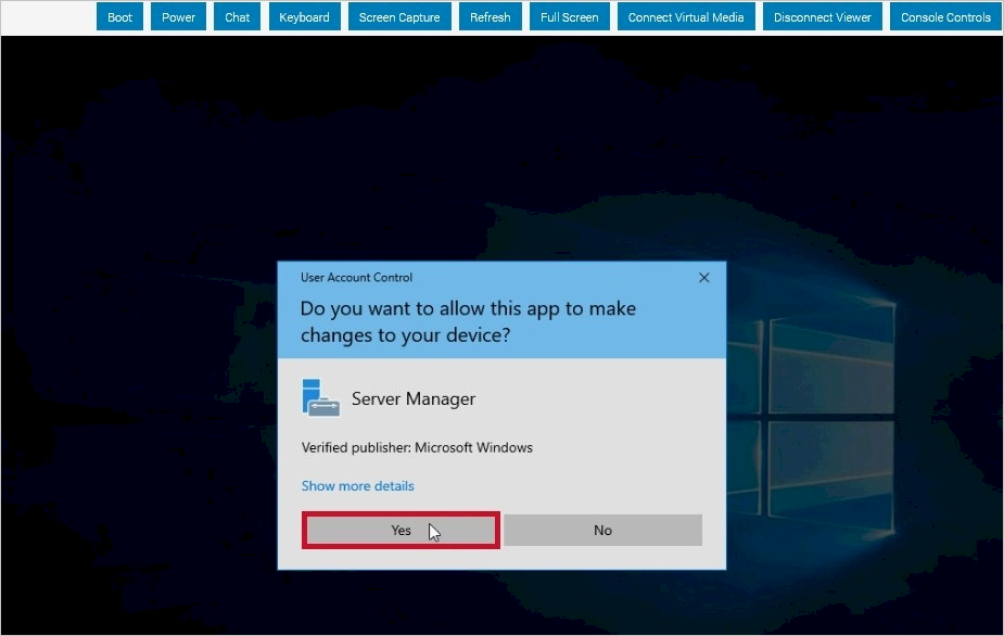Screenshot that shows the 'User Account Control' prompt with the 'Yes' button selected.