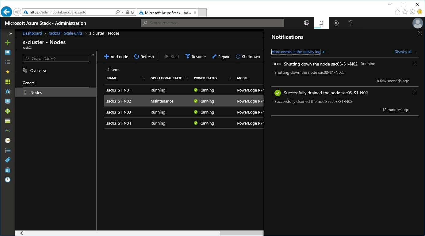Screenshot that shows the 'Administration - Nodes' page with the shutdown in progress dialog displayed.
