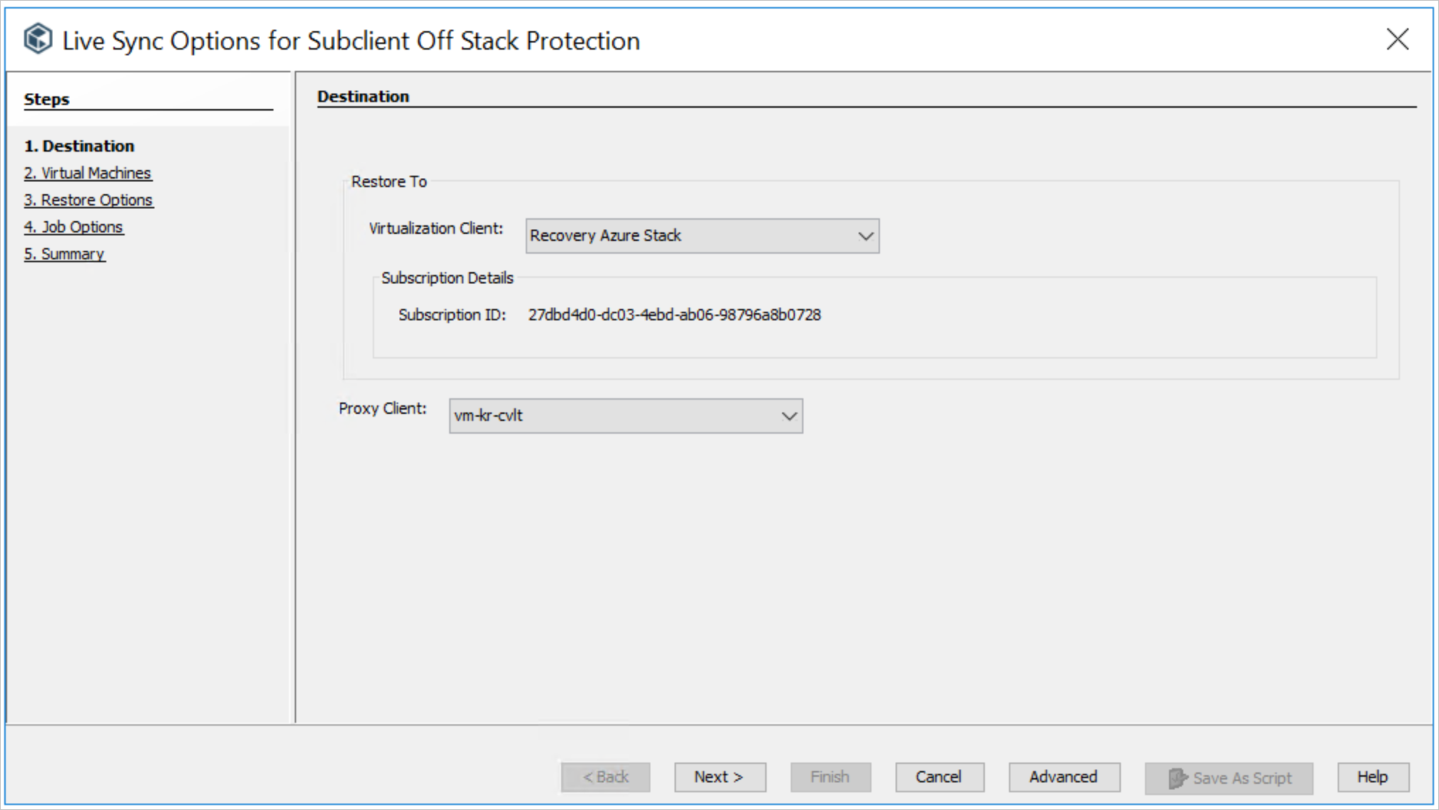 The Destination step of the Live Sync Options for Subclient Off Stack Protection wizard has list boxes for specifying the Virtualization Client and the Proxy Client.