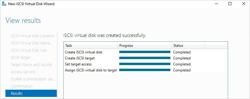 The Results page of the New iSCSI Virtual Disk Wizard shows that creation of the ISCSI virtual disk succeeded.