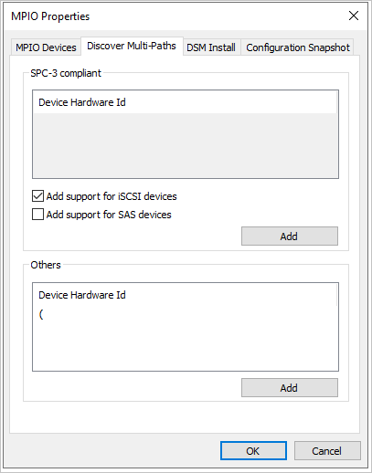 The Discover Multi-Paths page of the MPIO dialog box shows that the "Add Support for iSCSI devices" option is checked. There is an Add button.