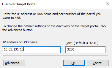 The Discover Target Portal windows shows 10.33.131.15 in the "IP address or DNS name:" text box, and 3260 (the default) in the Port text box. There is an Advanced button.
