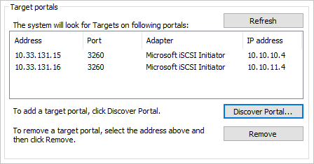 The "Target portals" dialog box shows the two portals that have just been created. The IP addresses are 10.33.131.15 and 10.33.131.16.