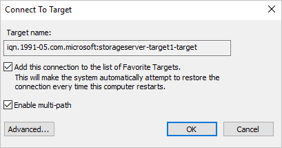 The "Connect to target" dialog box shows the specified values. There is an Advanced button and an OK button.
