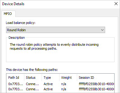 The MPIO page of the Devices Details dialog box shows Round Robin for the "Load balance policy", and lists two devices.