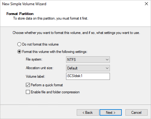 The New Simple Volume Wizard dialog box shows that the volume is to be NTFS with a default allocation unit size and a volume label of "iSCSIdisk1". Quick format is selected. There is a Next button.