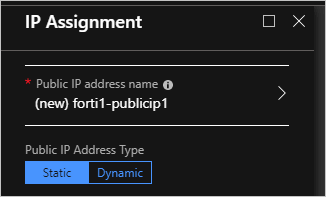 The IP Assignment dialog box shows the value forti1-publicip1 for "Public IP address name" and Static for "Public IP Address Type".