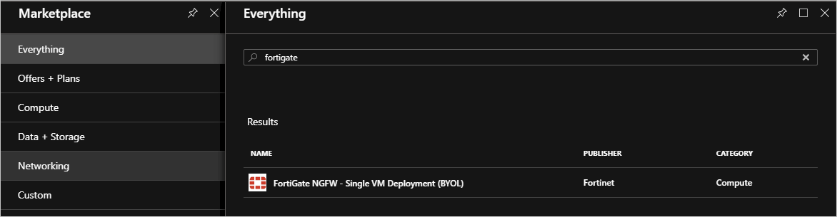 The screenshot shows a single line of results from the search for "fortigate". The name of the found item is "FortiGate NGFW - Single VM Deployment (BYOL)".