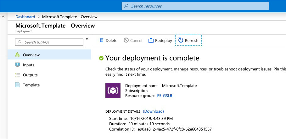 The Overview page of the Microsoft.Template dialog box reports "Your deployment is complete" and provides details about the deployment.
