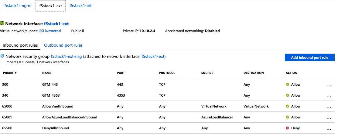 The fStack1-ext page of the Network Interface dialog box shows information about the fstack1-ext interface, and about its NSG, fstack1-ext-nsg. There are tabs to select viewing either the Inbound port rules or the Outbound port rules.