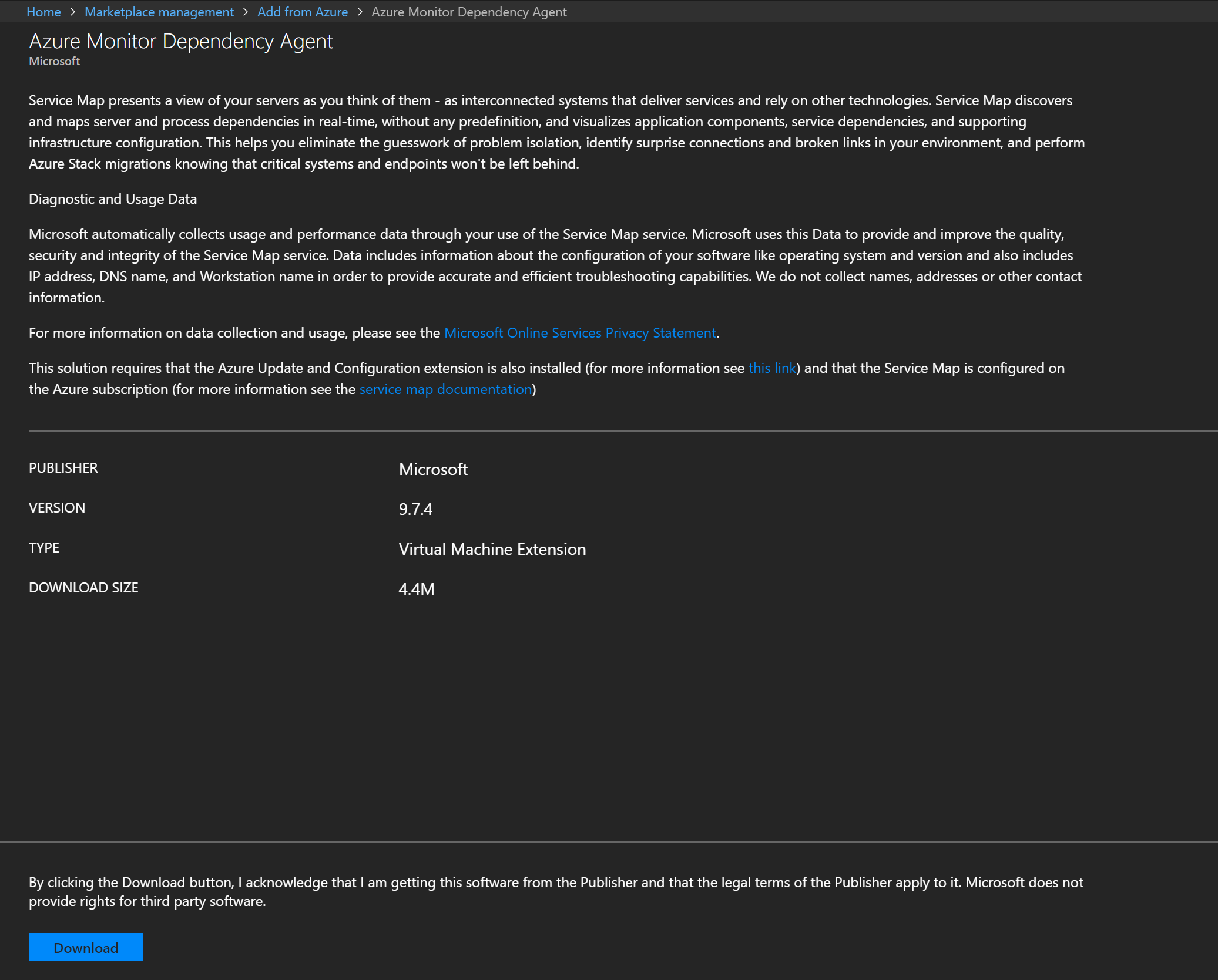 The "Home > Marketplace management > Add from Azure > Azure Monitor Dependency Agent" dialog box describes the extension and provides a Download button.