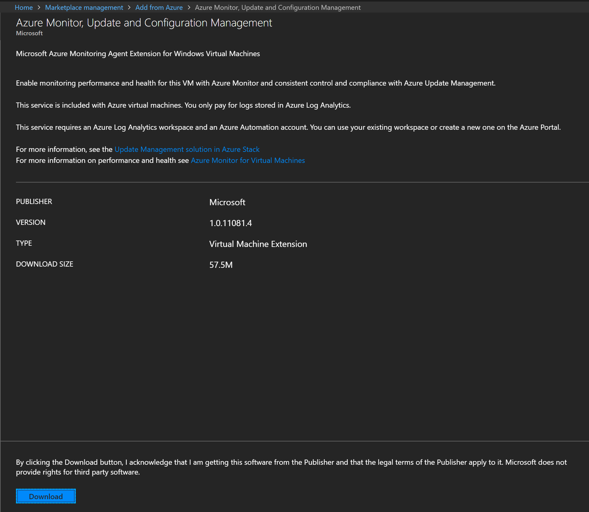 The "Home > Marketplace management > Add from Azure > Azure Monitor, Update and Configuration Management" dialog box describes the extension and provides a Download button.