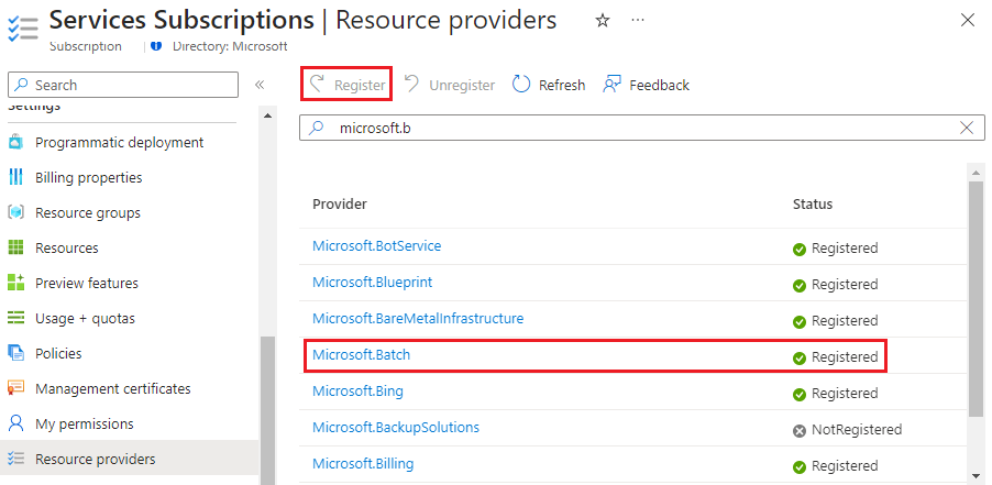 Screenshot of the Resource providers page.