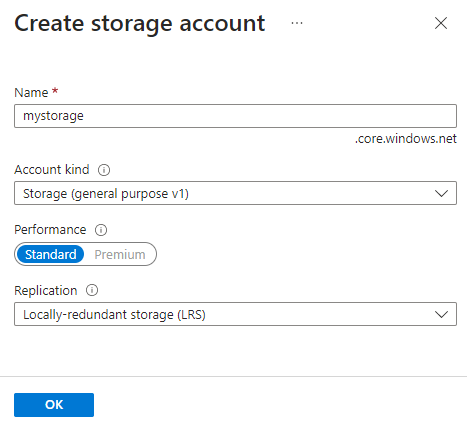 Screenshot of the Create storage account screen.