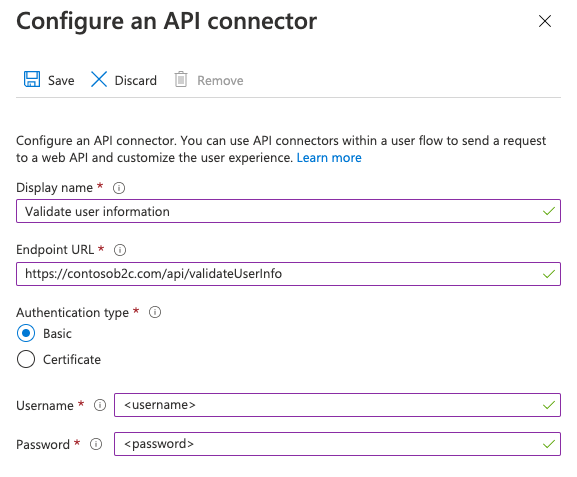 Screenshot of authentication configuration for an API connector