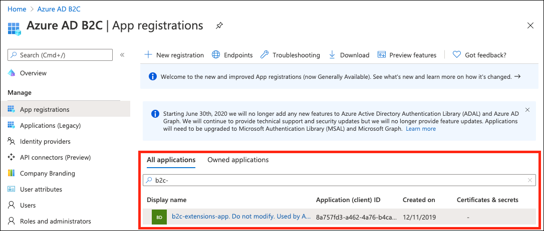 Screenshot of the display name, application ID, and creation date under App registrations.