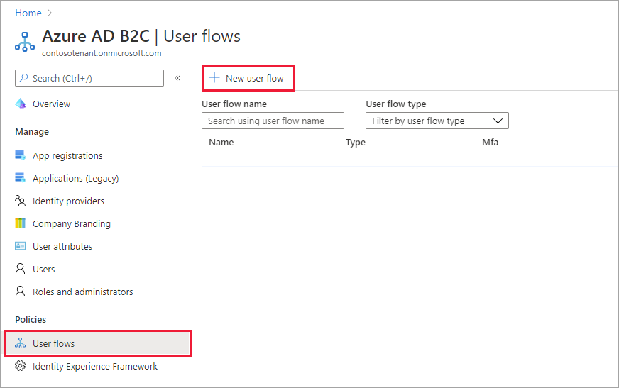 User flows page in portal with New user flow button highlighted